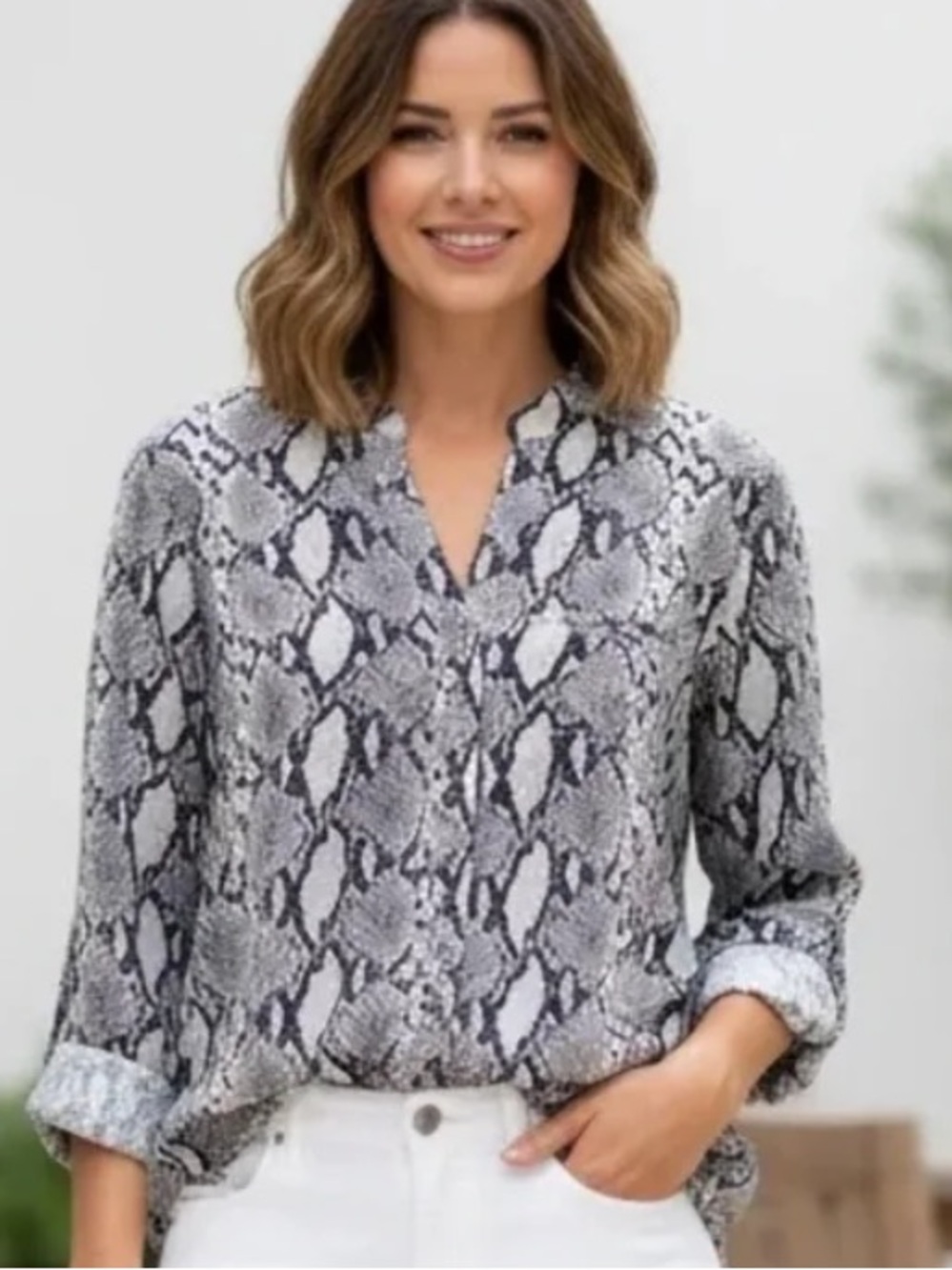 KUT from the Kloth Suze M Sheer blouse gray snakeskin pattern